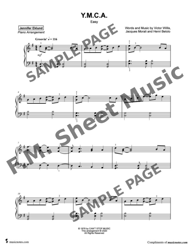 Y M C A Easy Piano By The Village People F M Sheet Music Pop